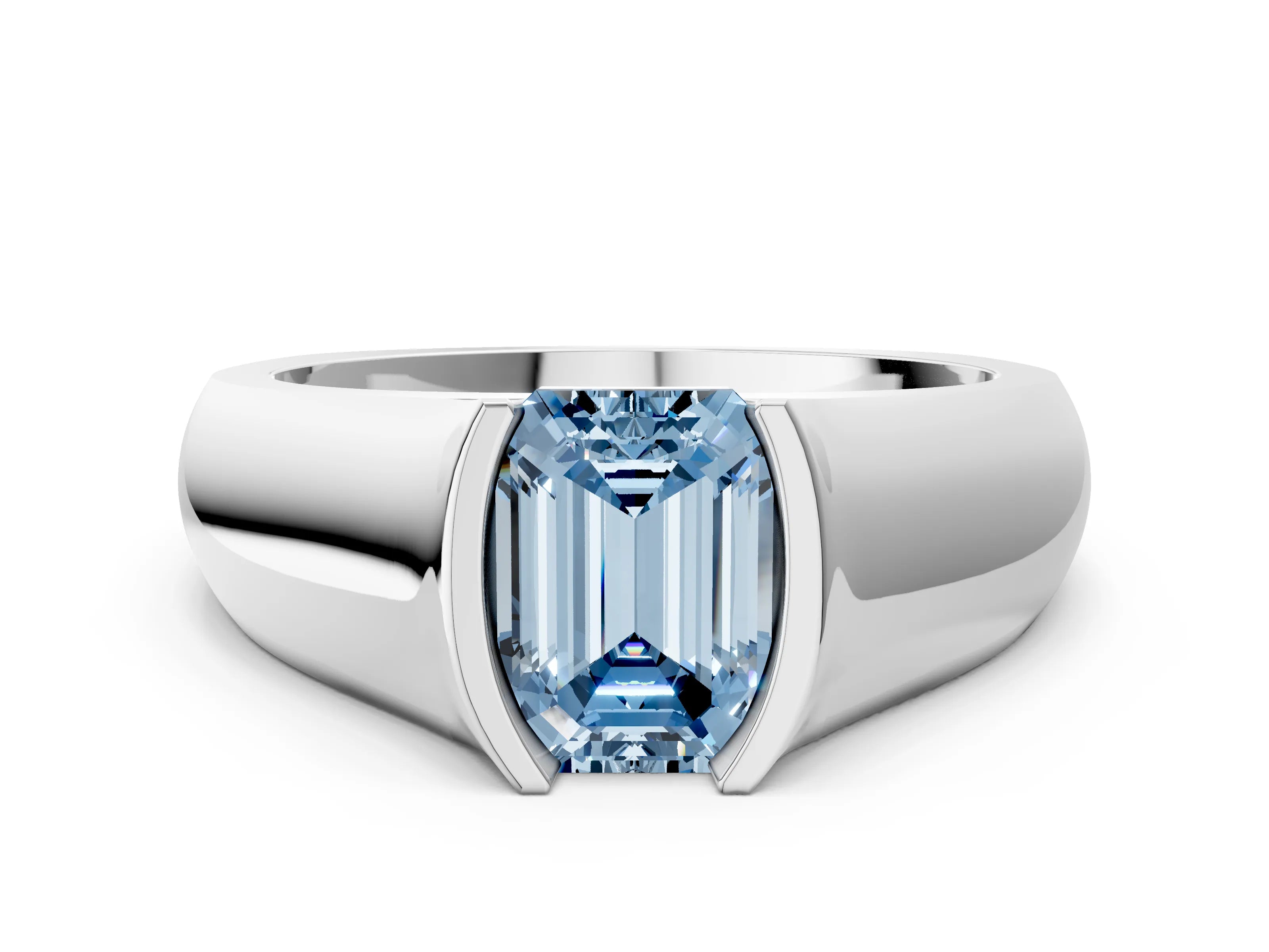 White gold Fancy Blue Emerald Cut Solitaire Bezel Set Diamond Ring with Wide Band_12