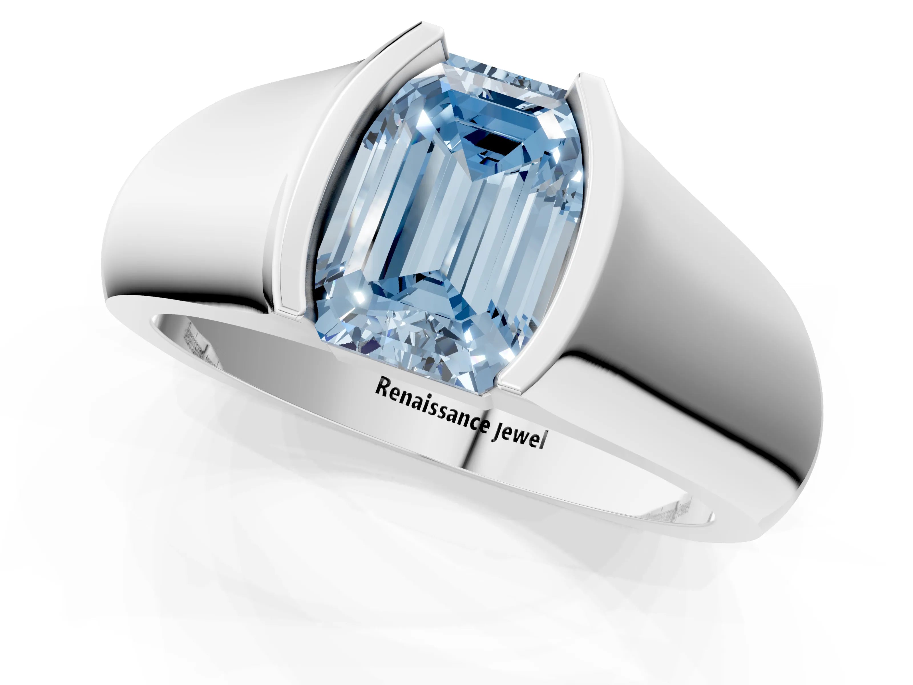 White gold Fancy Blue Emerald Cut Solitaire Bezel Set Diamond Ring with Wide Band_13