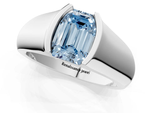 White gold Fancy Blue Emerald Cut Solitaire Bezel Set Diamond Ring with Wide Band_13