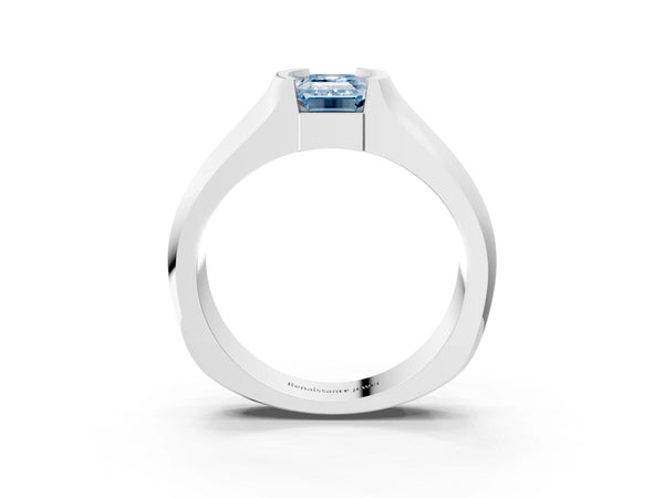 Platinum Fancy Blue Emerald Cut Solitaire Bezel Set Diamond Ring with Wide Band