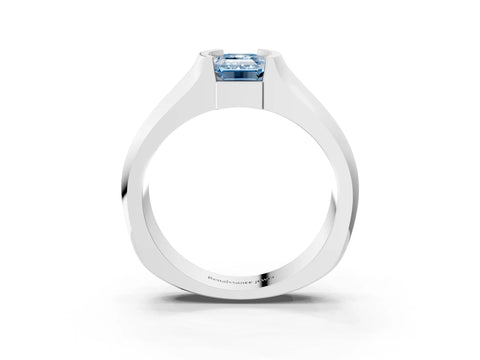 White gold Fancy Blue Emerald Cut Solitaire Bezel Set Diamond Ring with Wide Band_15