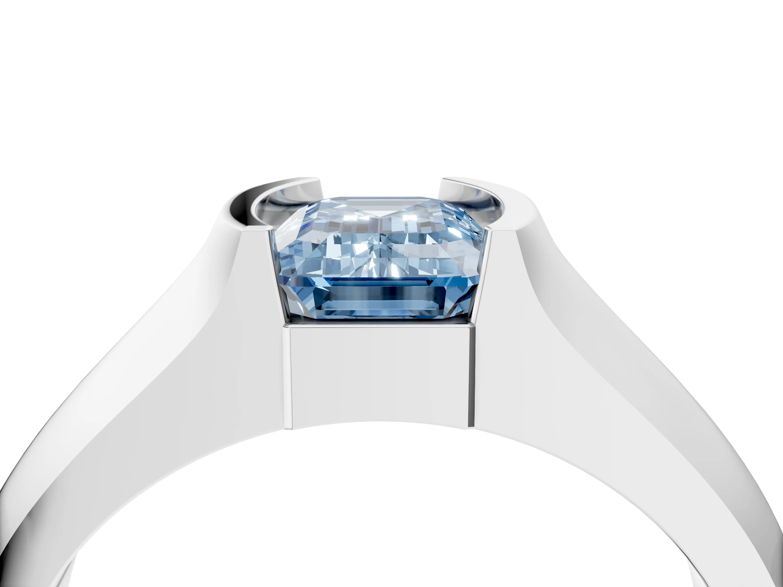 White gold Fancy Blue Emerald Cut Solitaire Bezel Set Diamond Ring with Wide Band_16