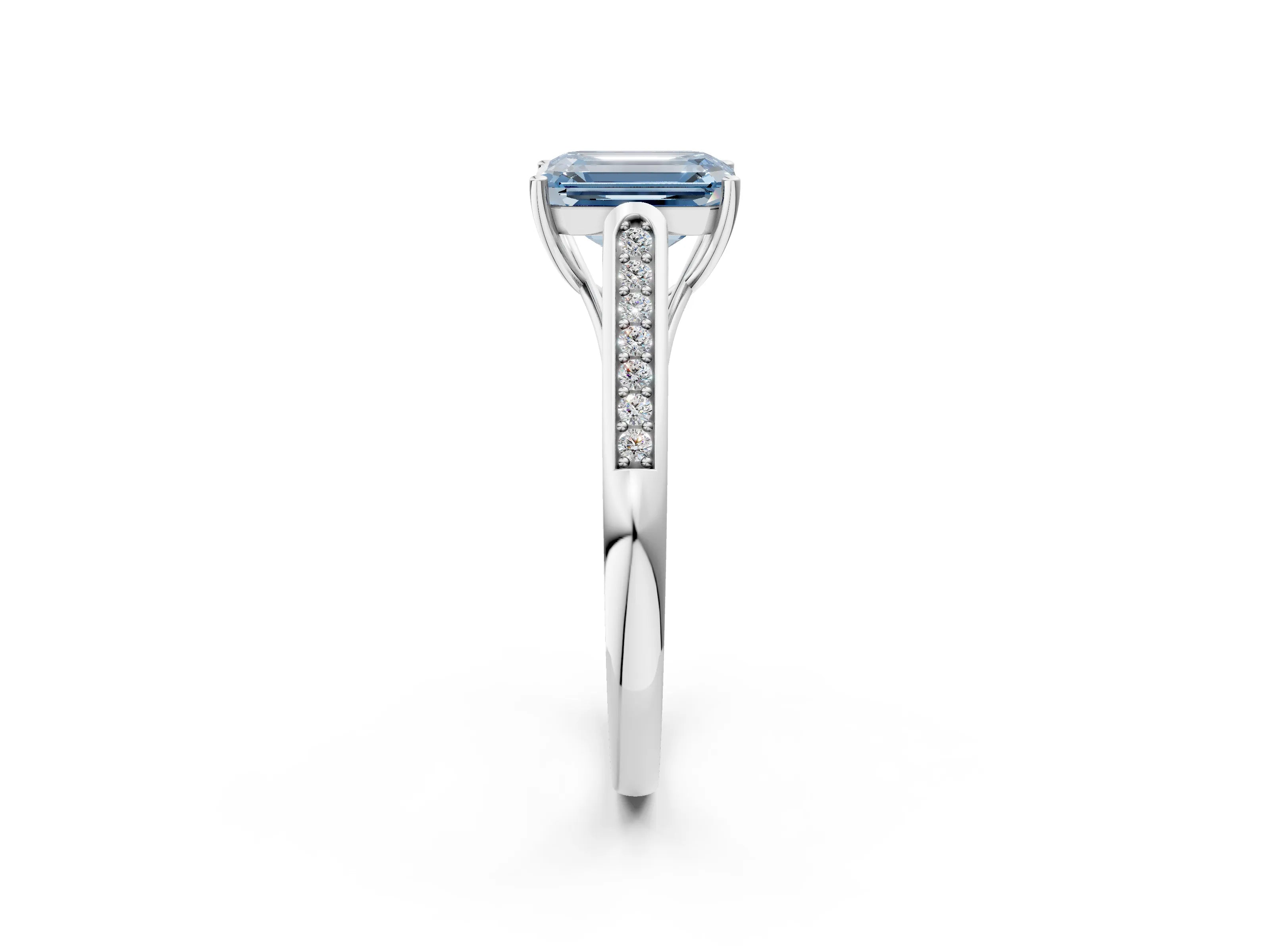White gold Fancy Blue Emerald Cut Solitaire Cathedral Diamond Engagement Ring with Channel-Set Band and Four-Prong Setting_17