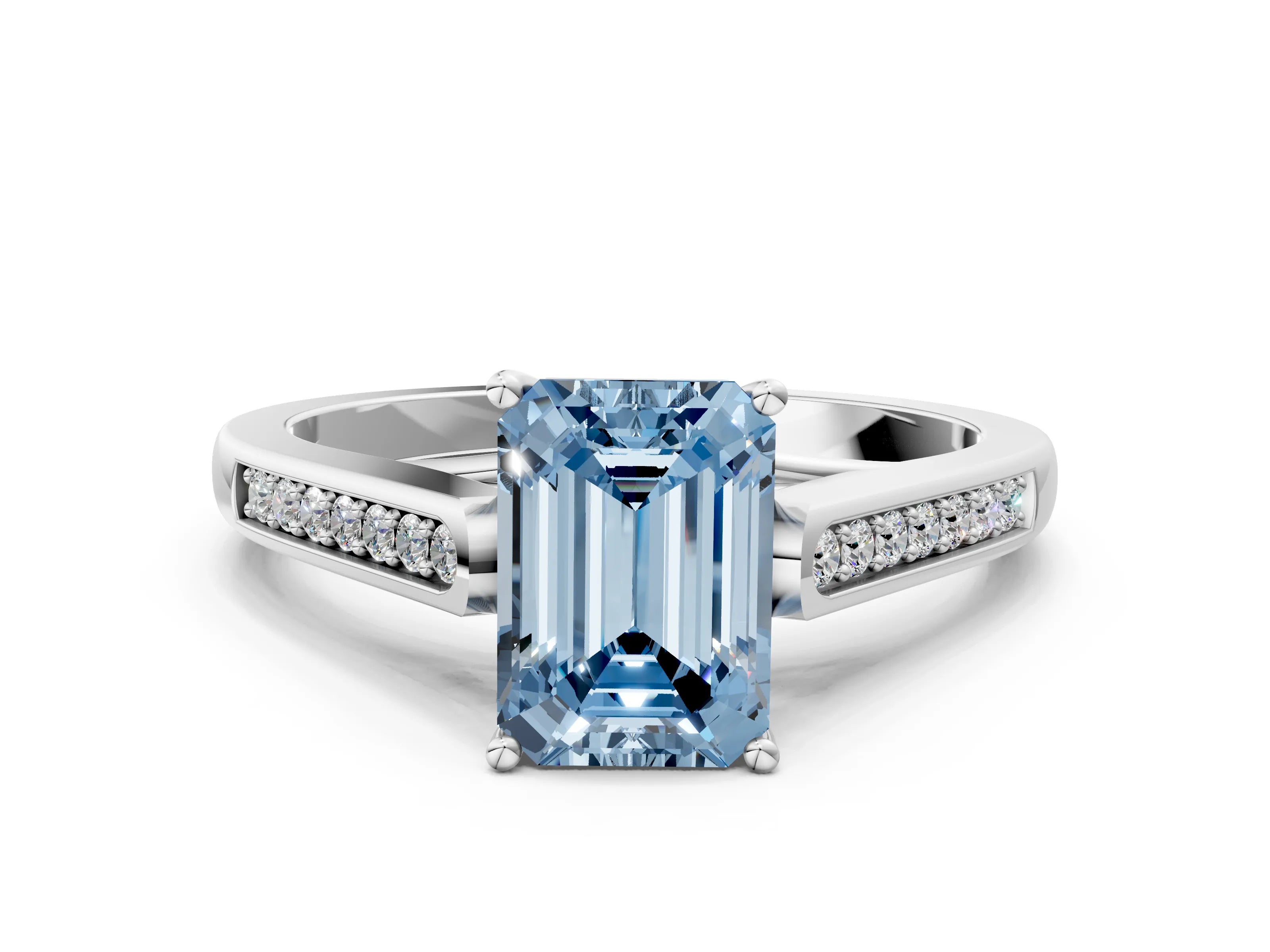 White gold Fancy Blue Emerald Cut Solitaire Cathedral Diamond Engagement Ring with Channel-Set Band and Four-Prong Setting_3