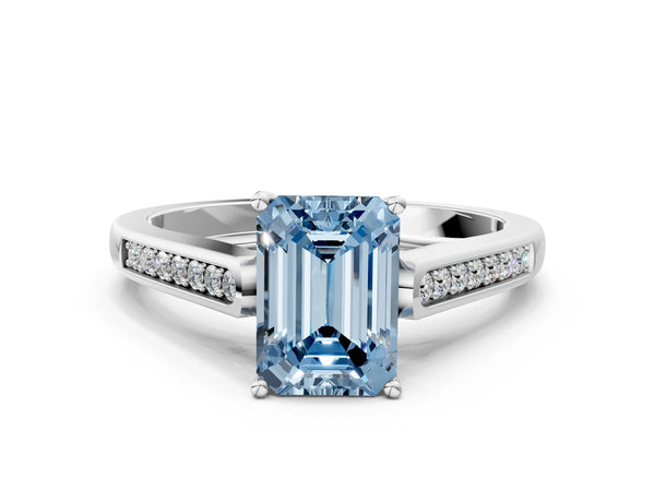 White gold Fancy Blue Emerald Cut Solitaire Cathedral Diamond Engagement Ring with Channel-Set Band and Four-Prong Setting