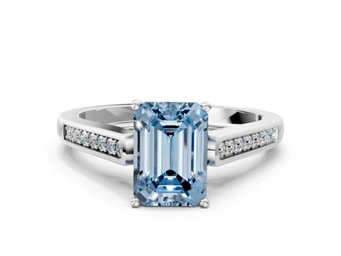 White gold Fancy Blue Emerald Cut Solitaire Cathedral Diamond Engagement Ring with Channel-Set Band and Four-Prong Setting_3
