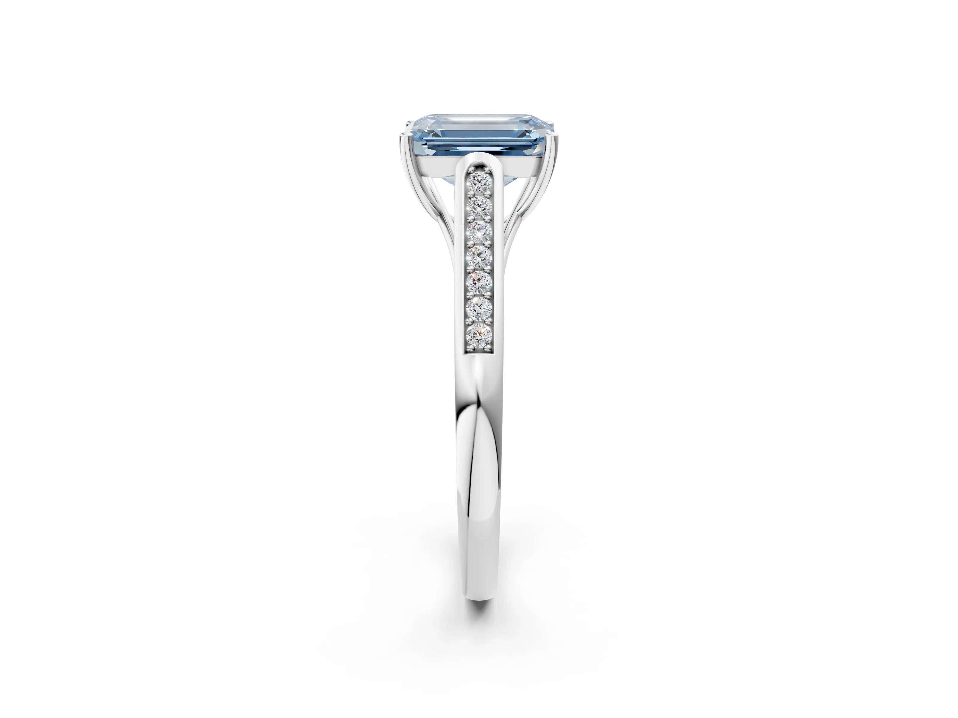 White gold Fancy Blue Emerald Cut Solitaire Cathedral Diamond Engagement Ring with Channel-Set Band and Four-Prong Setting_5