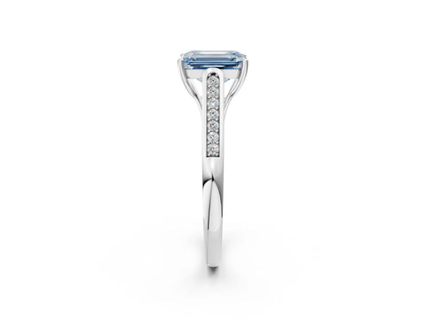 White gold Fancy Blue Emerald Cut Solitaire Cathedral Diamond Engagement Ring with Channel-Set Band and Four-Prong Setting_5