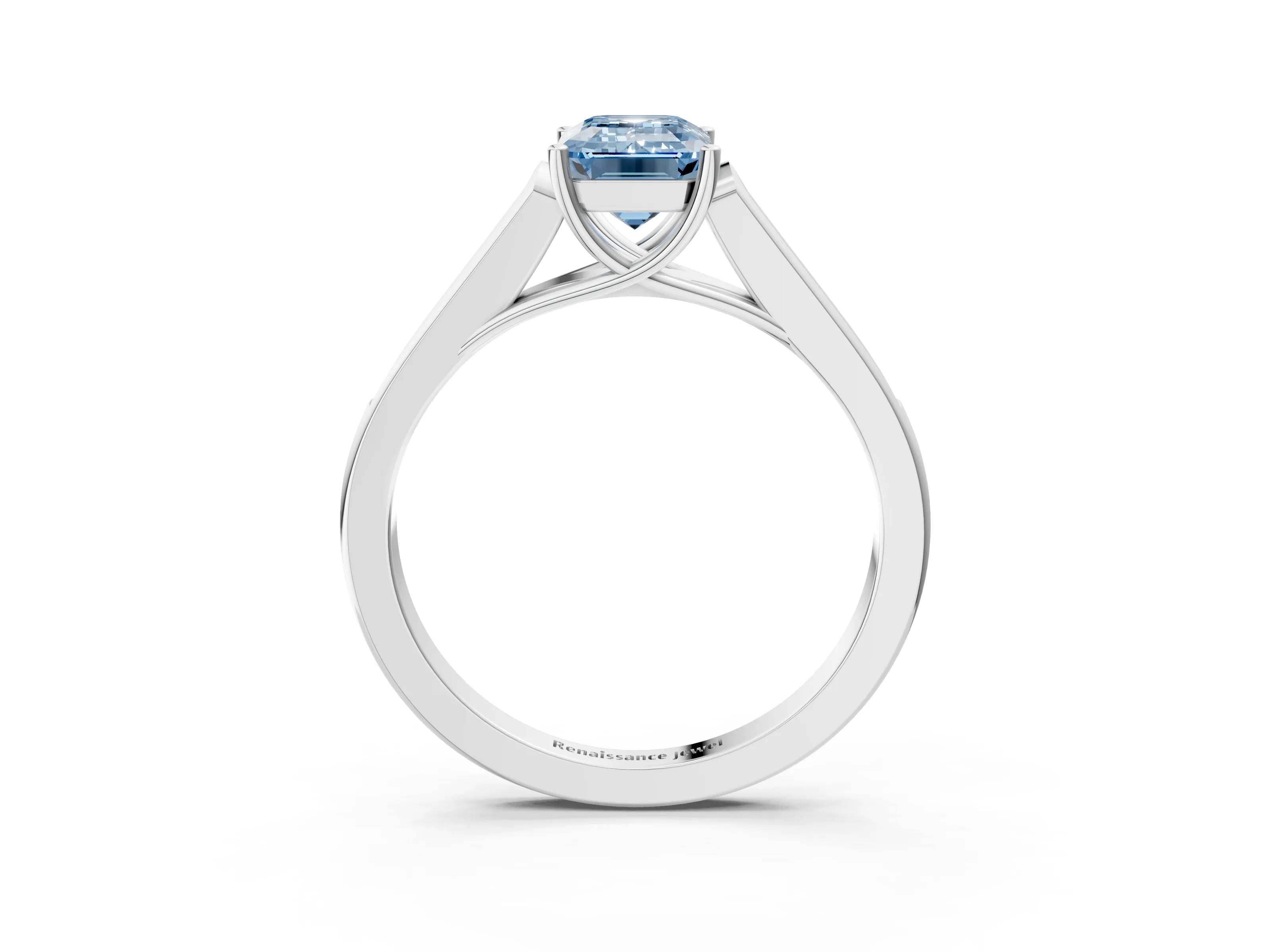 White gold Fancy Blue Emerald Cut Solitaire Cathedral Diamond Engagement Ring with Channel-Set Band and Four-Prong Setting_6