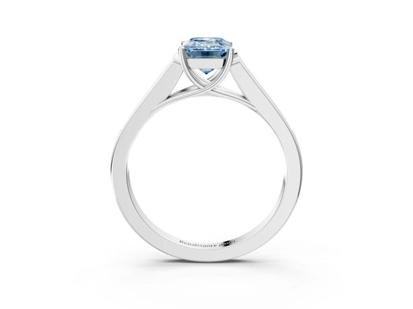 White gold Fancy Blue Emerald Cut Solitaire Cathedral Diamond Engagement Ring with Channel-Set Band and Four-Prong Setting