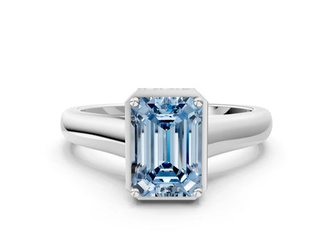 White gold Fancy Blue Emerald Cut Solitaire Diamond Engagement Ring with Four-Prong Setting and Tapered Band_12