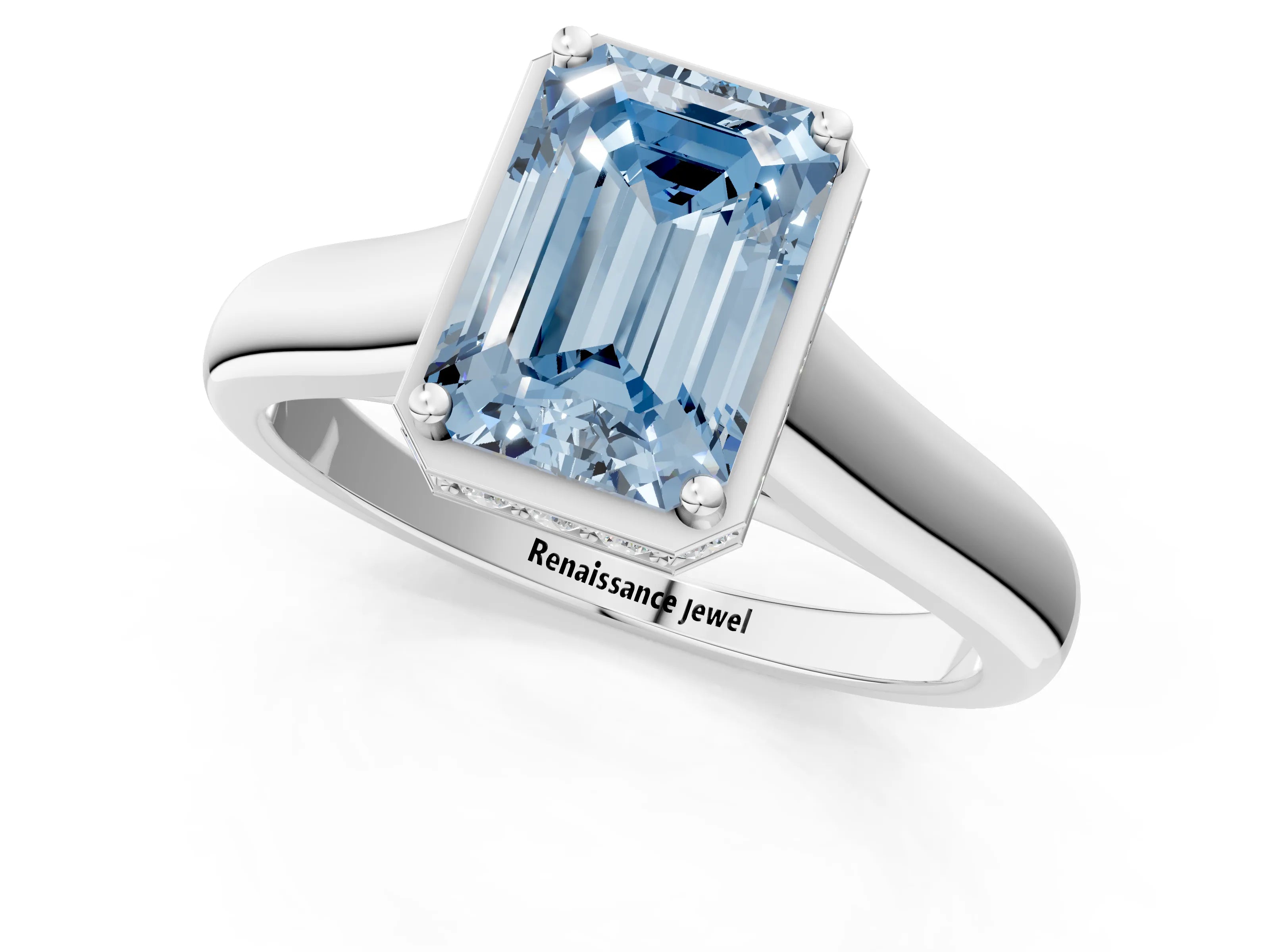 White gold Fancy Blue Emerald Cut Solitaire Diamond Engagement Ring with Four-Prong Setting and Tapered Band_13