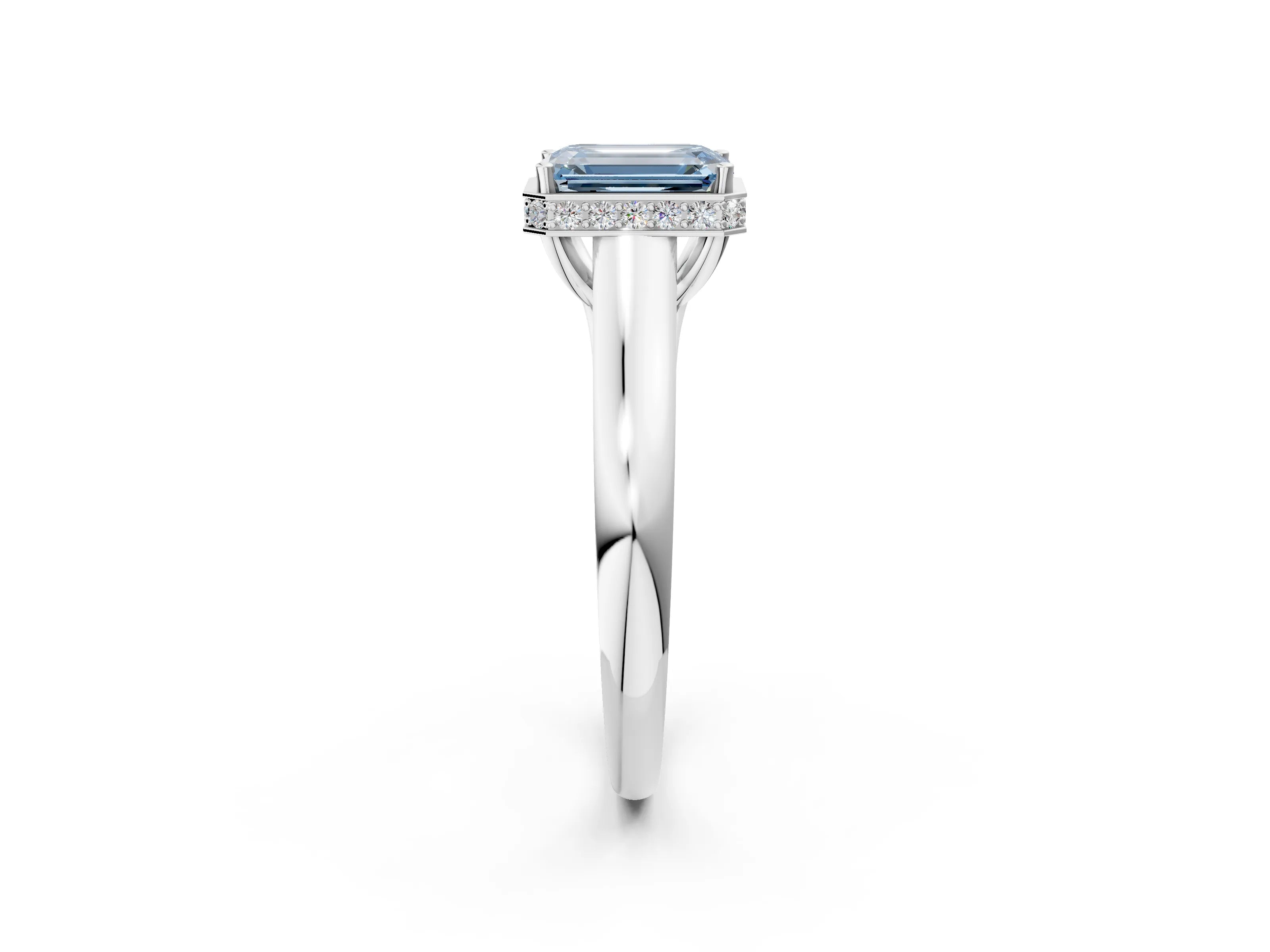 White gold Fancy Blue Emerald Cut Solitaire Diamond Engagement Ring with Four-Prong Setting and Tapered Band_14