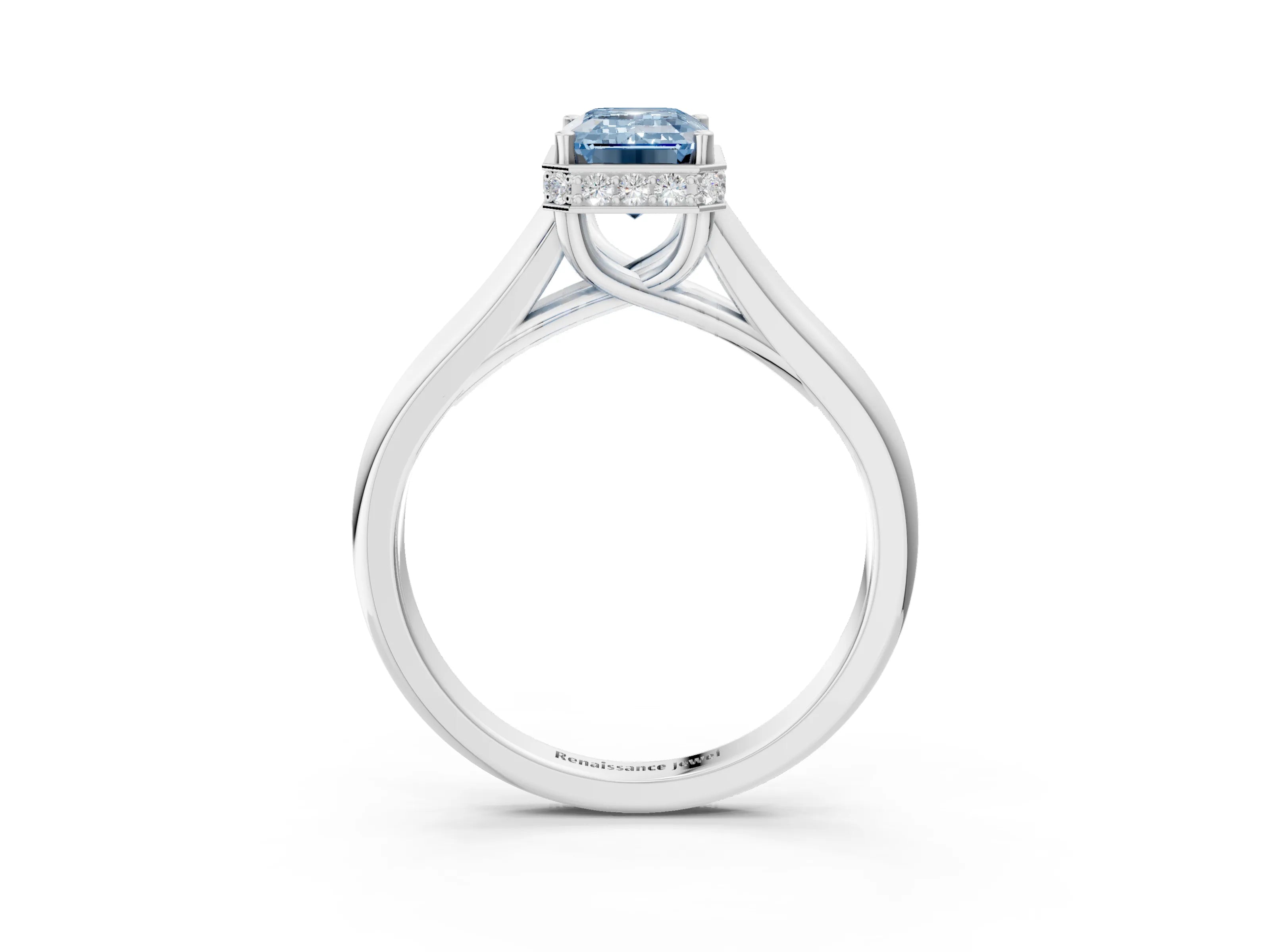 White gold Fancy Blue Emerald Cut Solitaire Diamond Engagement Ring with Four-Prong Setting and Tapered Band_15