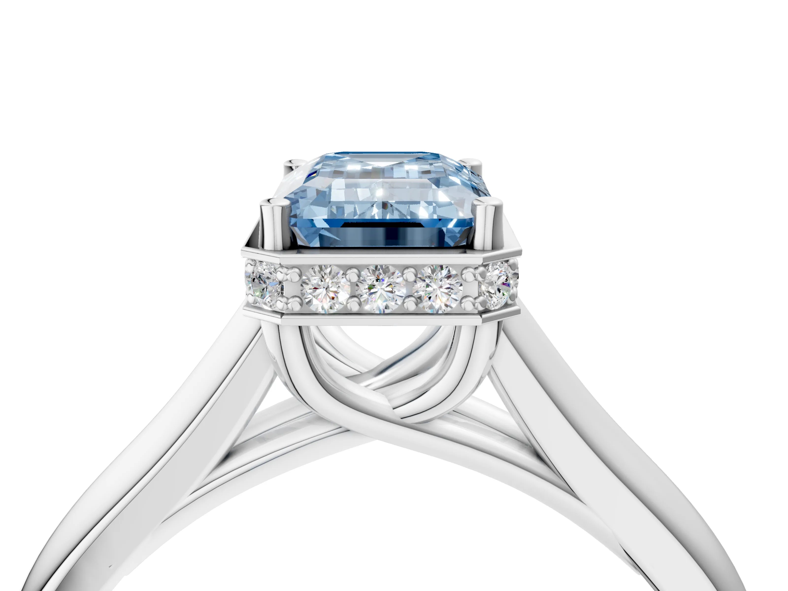 White gold Fancy Blue Emerald Cut Solitaire Diamond Engagement Ring with Four-Prong Setting and Tapered Band_16
