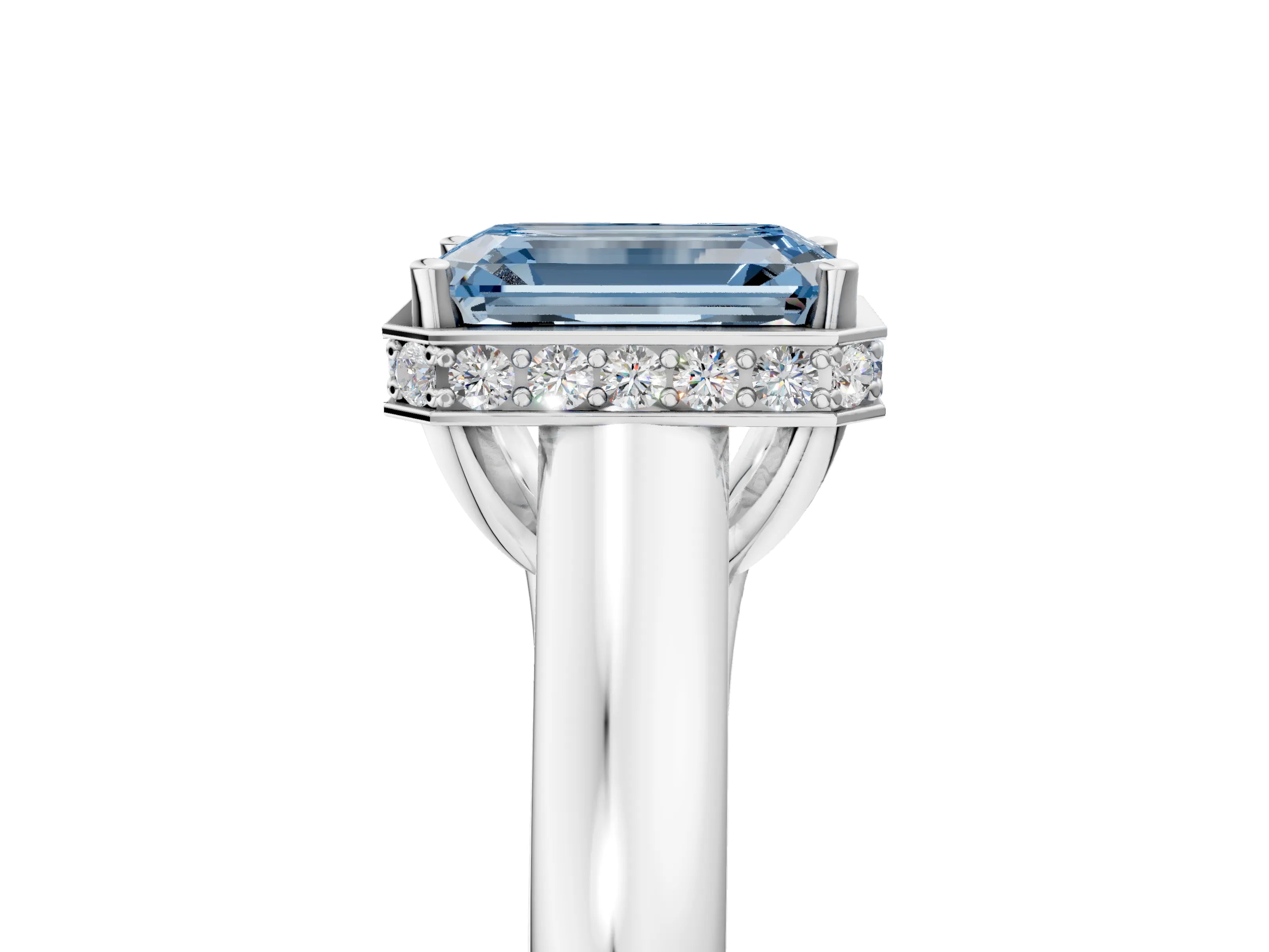 White gold Fancy Blue Emerald Cut Solitaire Diamond Engagement Ring with Four-Prong Setting and Tapered Band_17