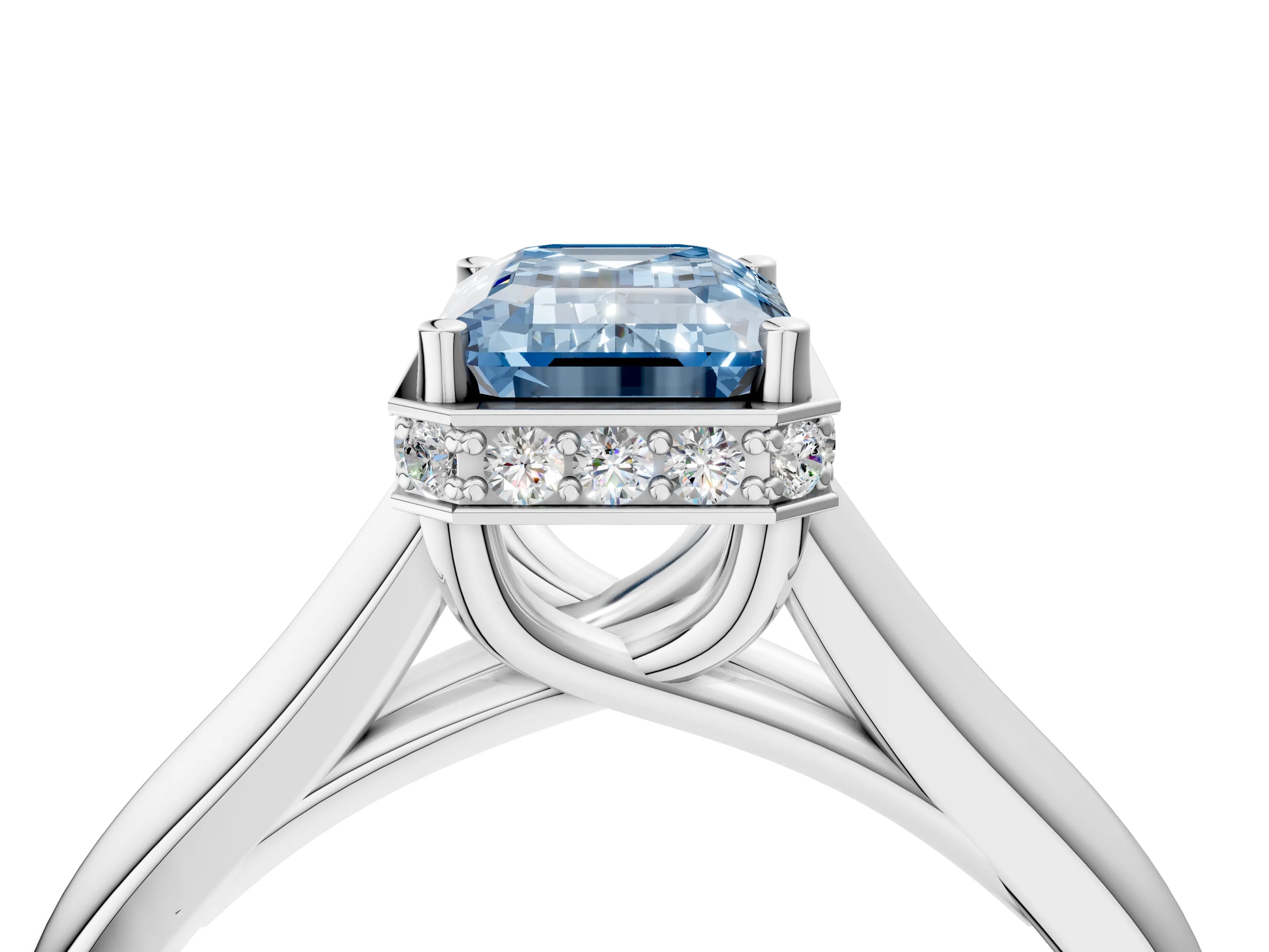 White gold Fancy Blue Emerald Cut Solitaire Diamond Engagement Ring with Four-Prong Setting and Tapered Band_4
