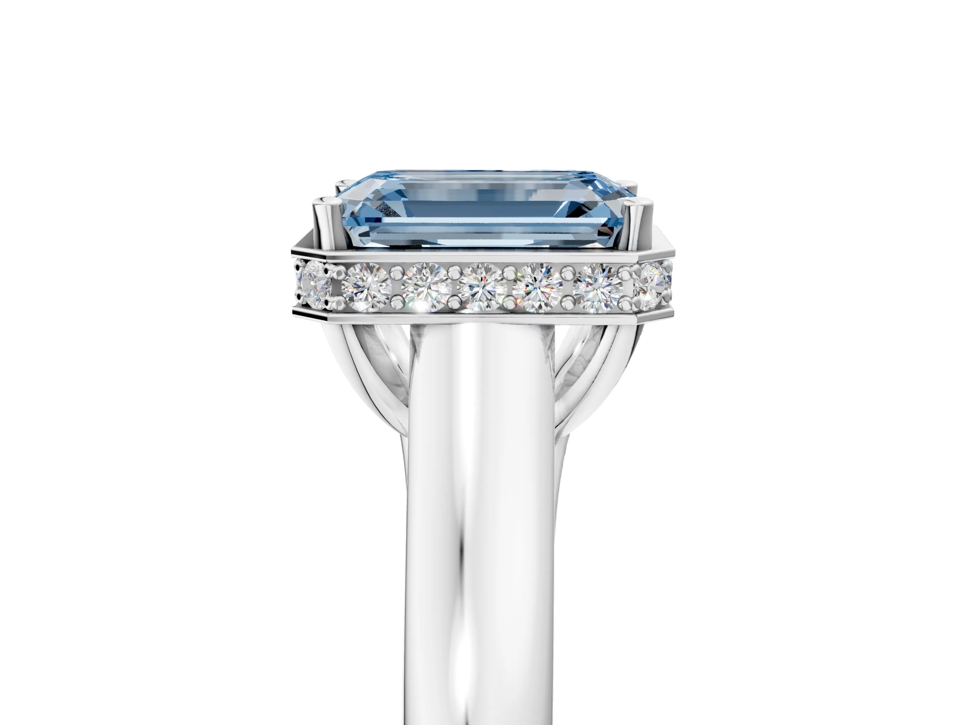 White gold Fancy Blue Emerald Cut Solitaire Diamond Engagement Ring with Four-Prong Setting and Tapered Band_5