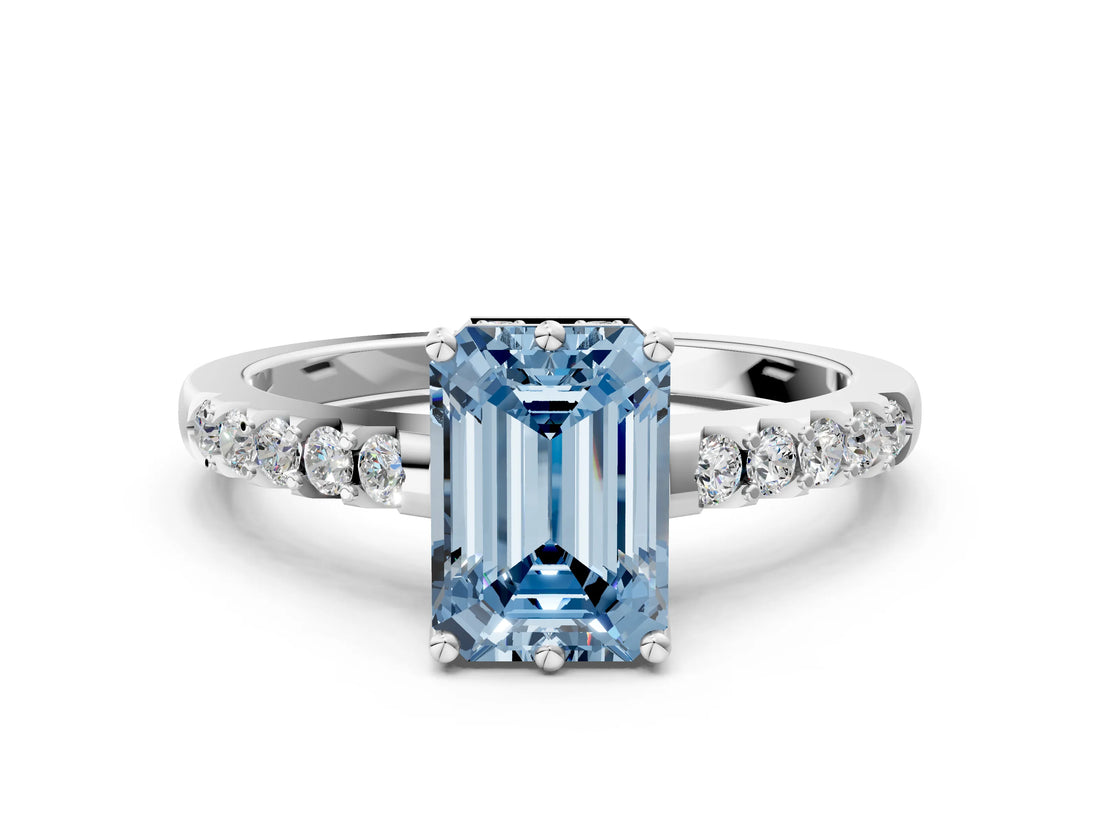White gold Fancy Blue Emerald Cut Solitaire Diamond Engagement Ring with Pavé Band and Six-Prong Setting_12