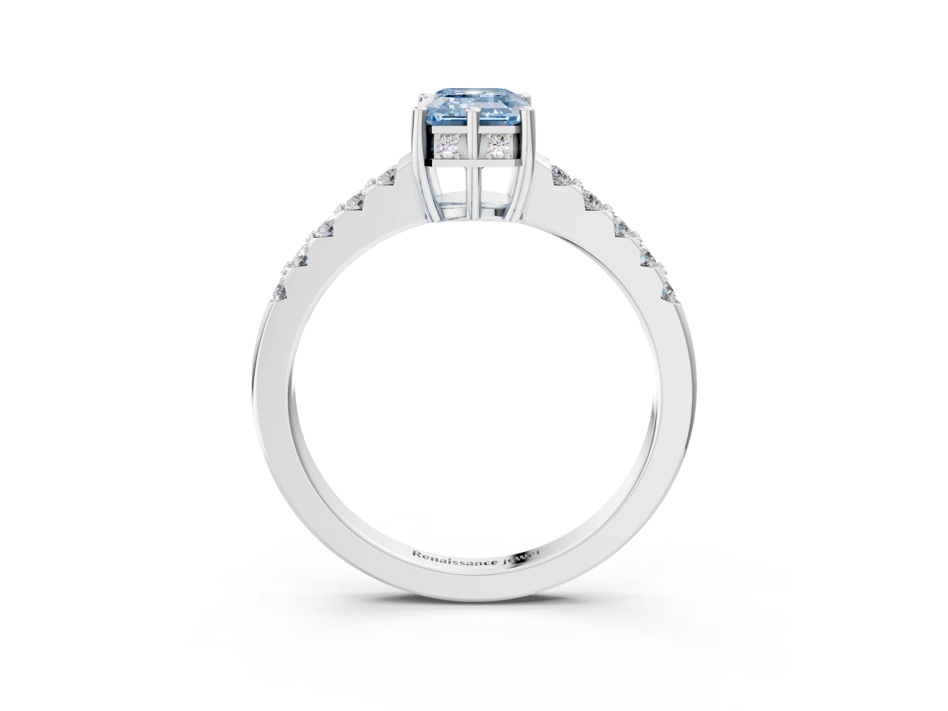White gold Fancy Blue Emerald Cut Solitaire Diamond Engagement Ring with Pavé Band and Six-Prong Setting_15