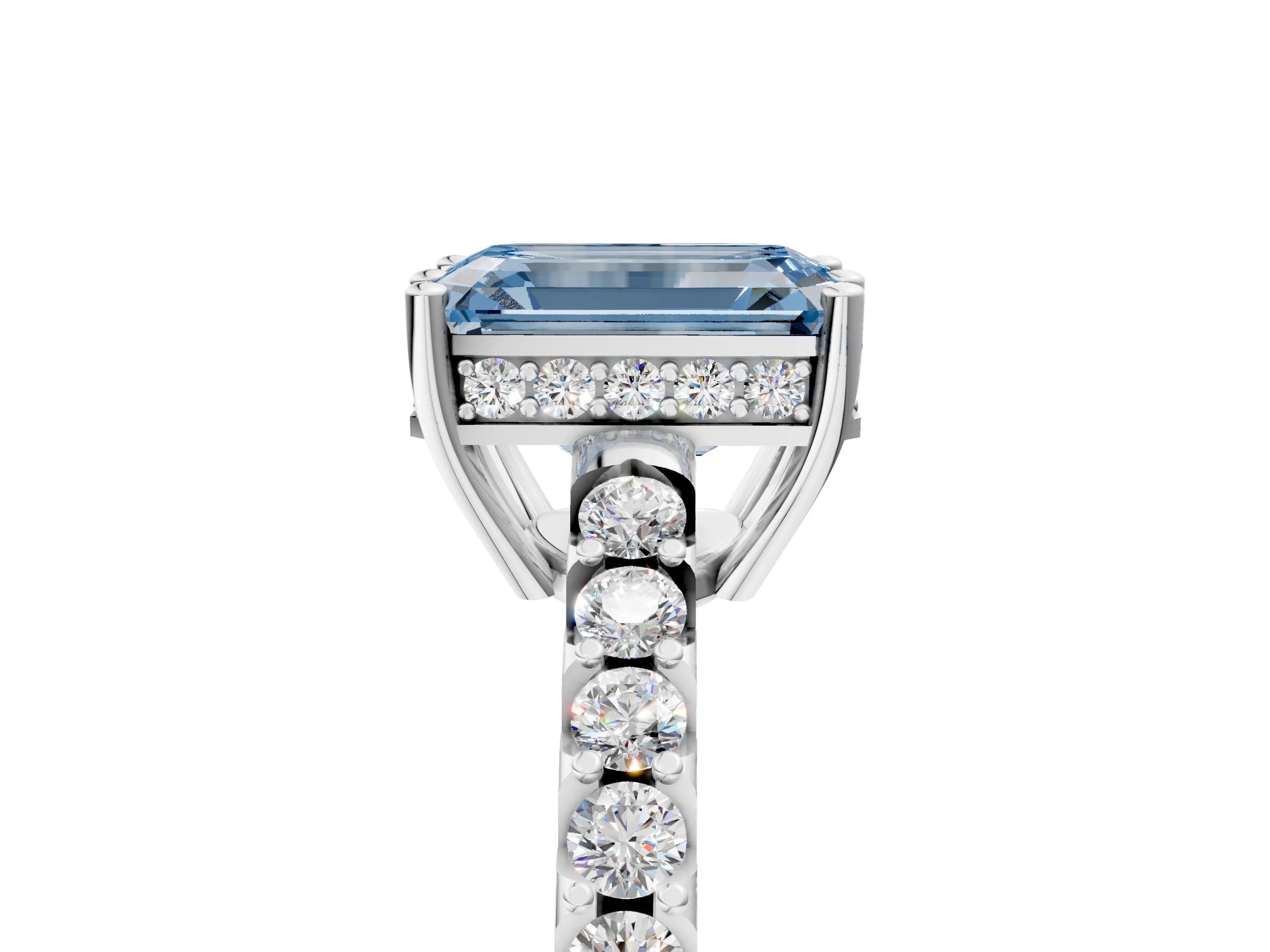 White gold Fancy Blue Emerald Cut Solitaire Diamond Engagement Ring with Pavé Band and Six-Prong Setting_17