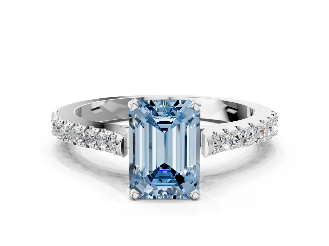 White gold Fancy Blue Emerald  Cut Solitaire Diamond Engagement Ring with Pave Band and Four-Prong Setting_182