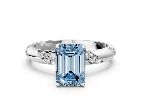 White gold Fancy Blue Emerald Cut Solitaire Diamond Engagement Ring with Twisted Pave Band and Four-Prong Setting_19