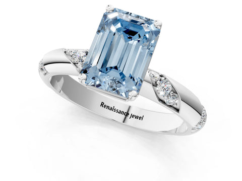 White gold Fancy Blue Emerald Cut Solitaire Diamond Engagement Ring with Twisted Pave Band and Four-Prong Setting_20