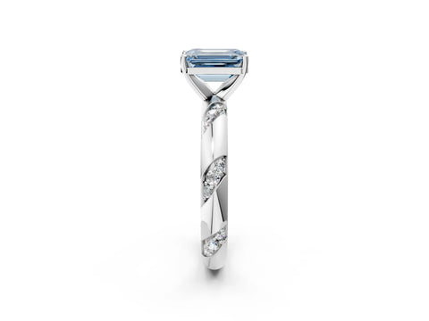 White gold Fancy Blue Emerald Cut Solitaire Diamond Engagement Ring with Twisted Pave Band and Four-Prong Setting_21