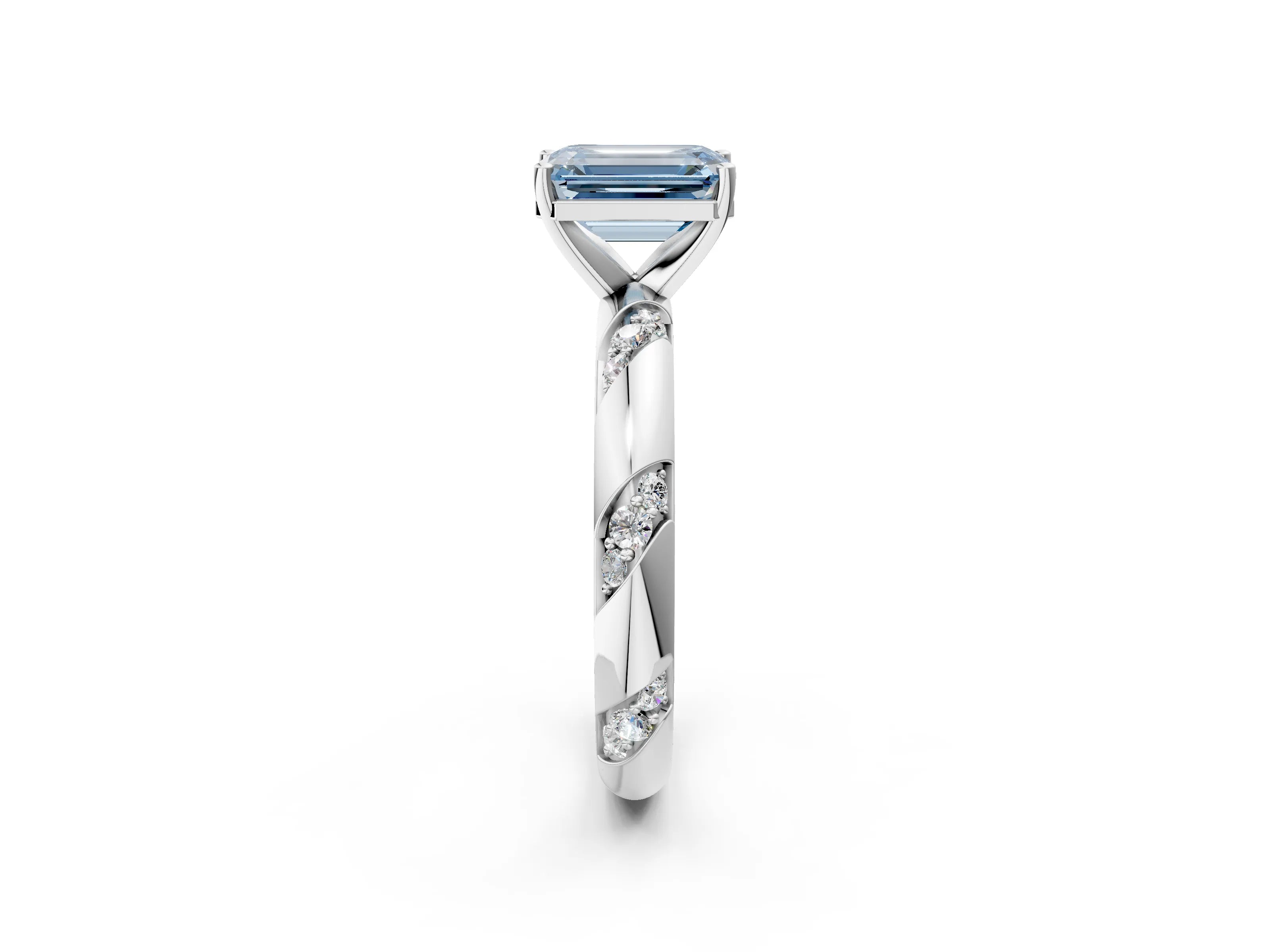 White gold Fancy Blue Emerald Cut Solitaire Diamond Engagement Ring with Twisted Pave Band and Four-Prong Setting_21