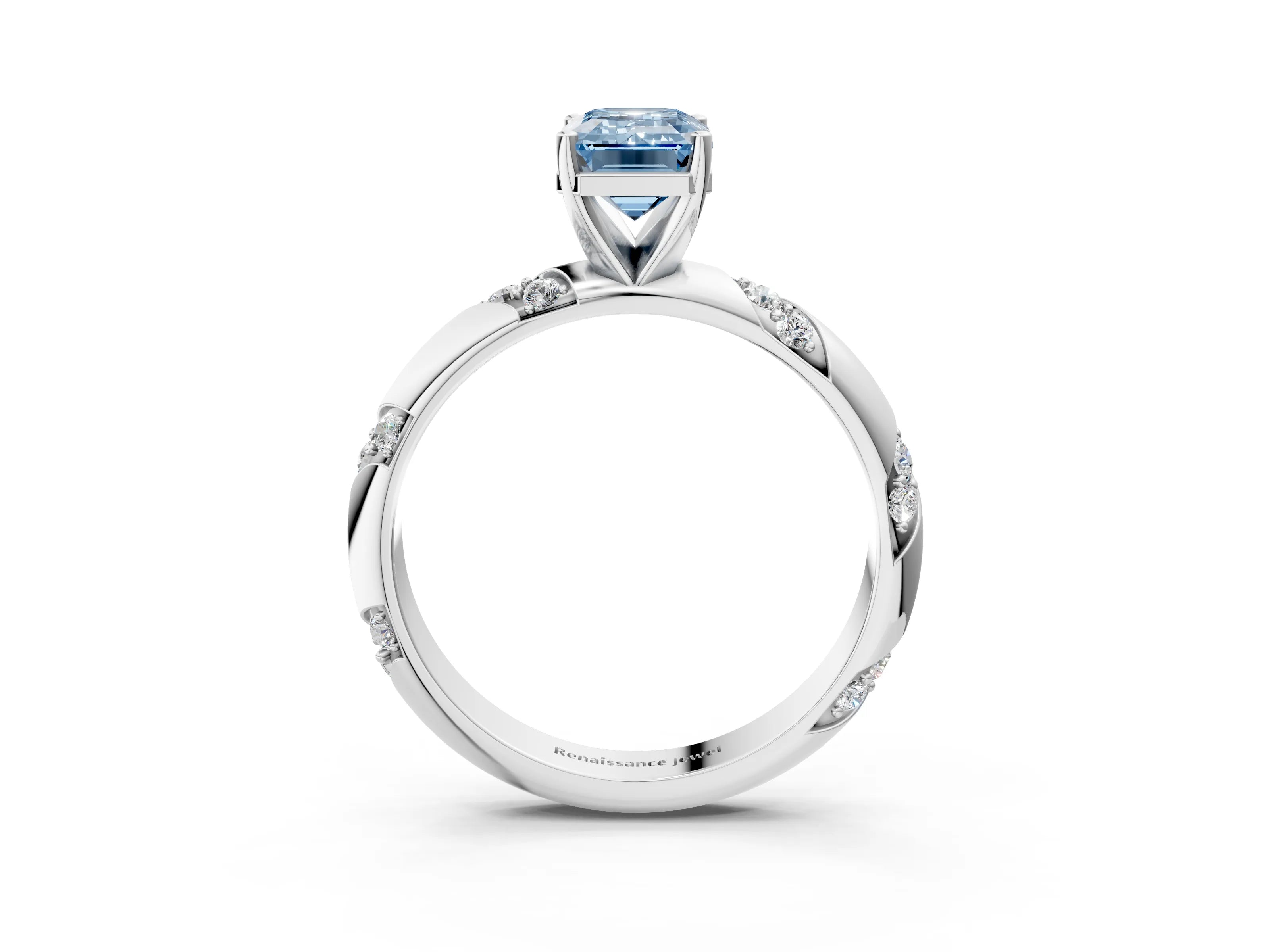 White gold Fancy Blue Emerald Cut Solitaire Diamond Engagement Ring with Twisted Pave Band and Four-Prong Setting_22
