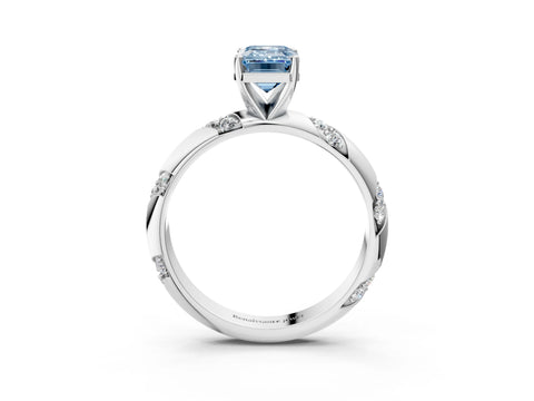 White gold Fancy Blue Emerald Cut Solitaire Diamond Engagement Ring with Twisted Pave Band and Four-Prong Setting_22