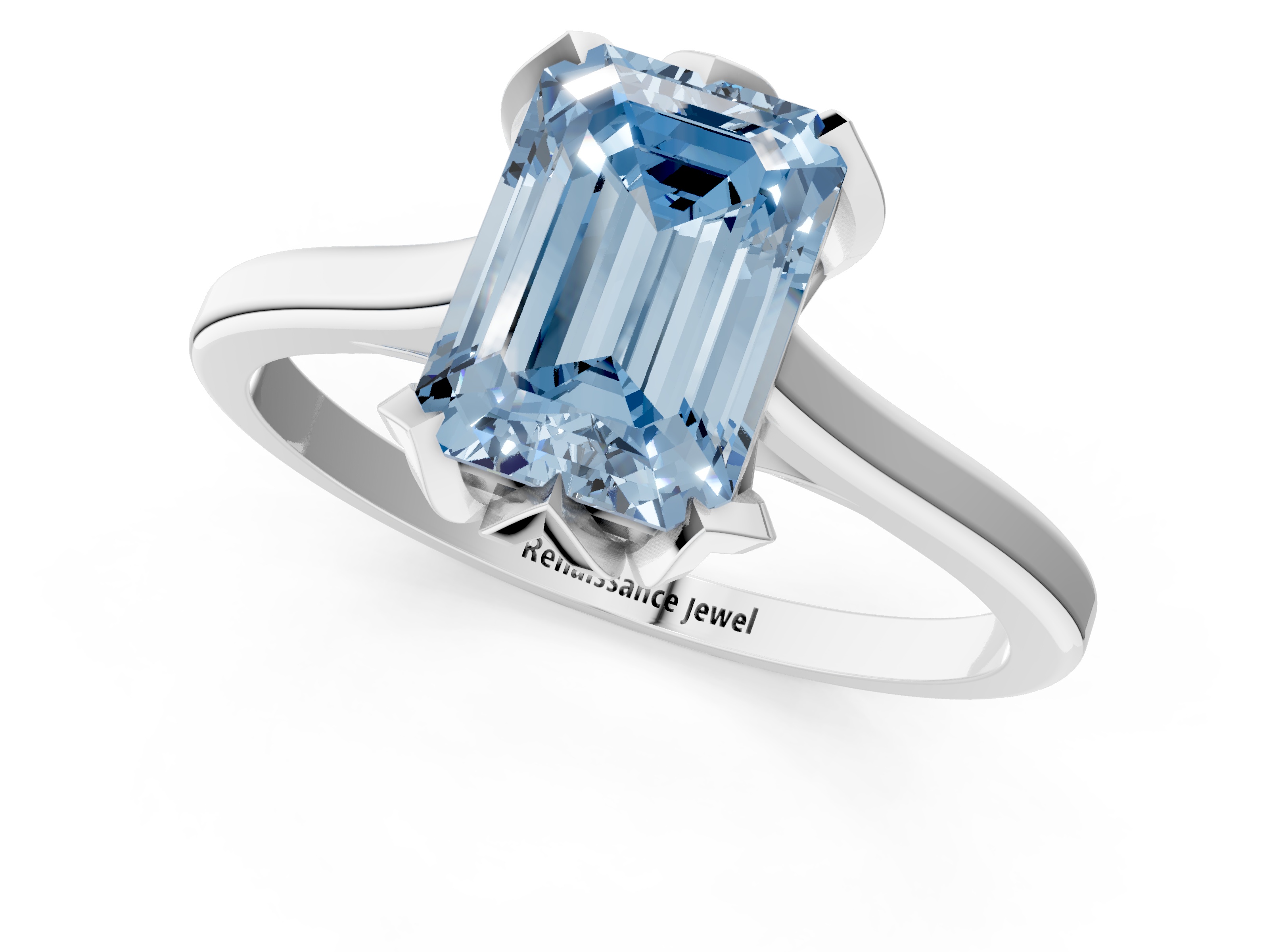 White gold Fancy Blue Emerald  Cut Solitaire Diamond Ring with Flower-Prong Setting and Classic Band_36
