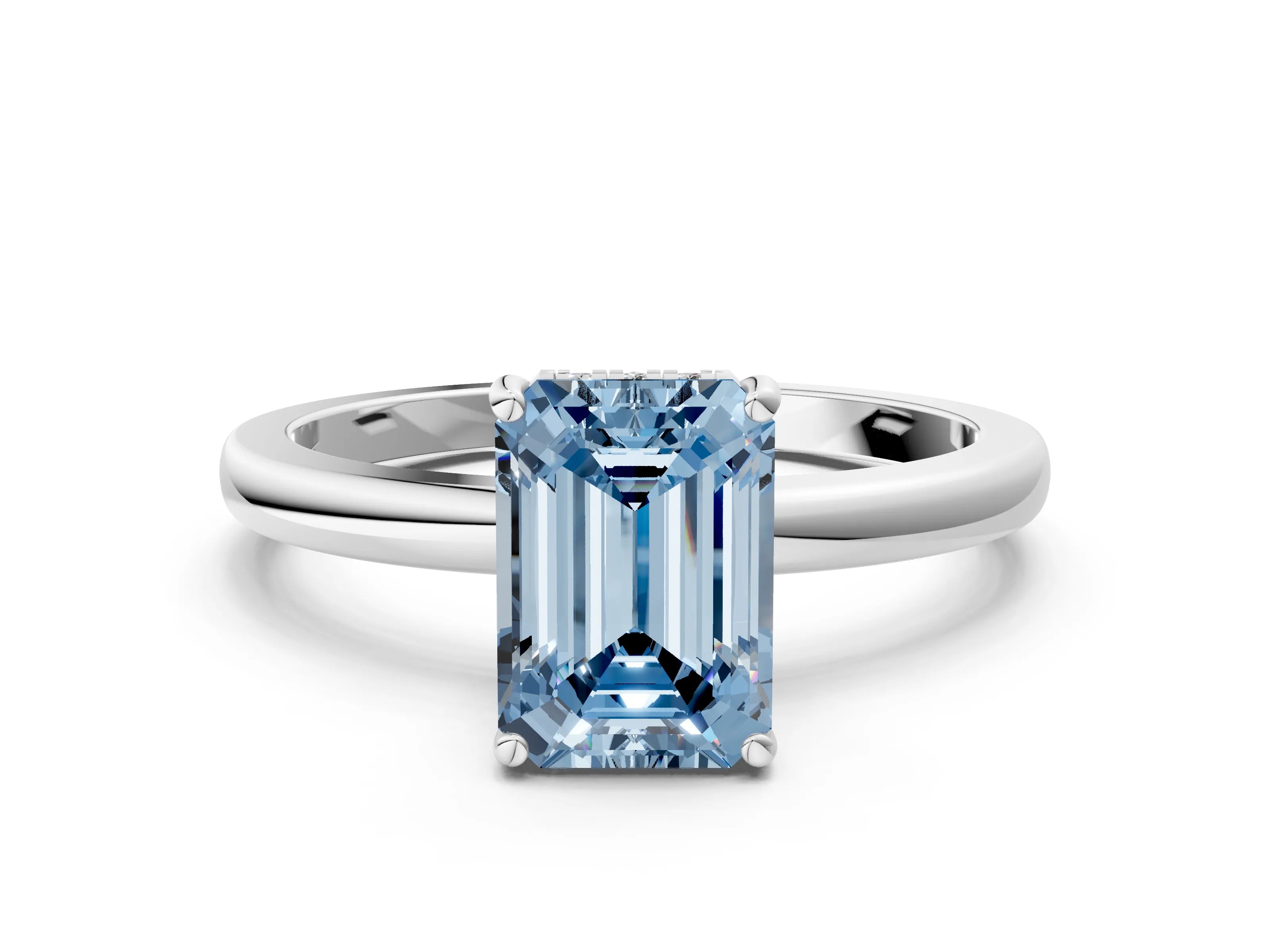 White gold Fancy Blue Emerald Cut Solitaire Diamond Ring with Prong Setting and Plain Band_12