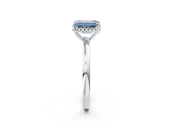White gold Fancy Blue Emerald Cut Solitaire Diamond Ring with Prong Setting and Plain Band