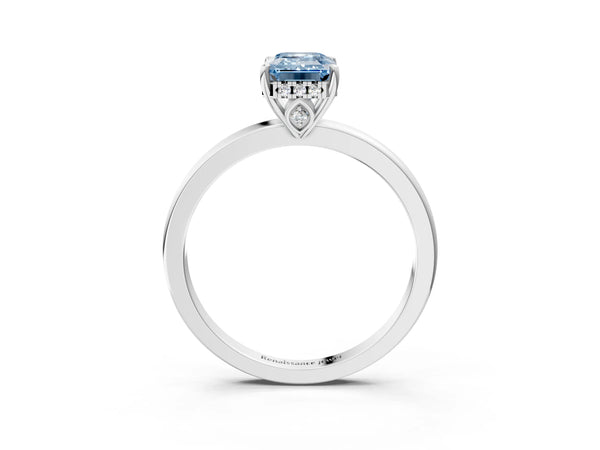 White gold Fancy Blue Emerald Cut Solitaire Diamond Ring with Prong Setting and Plain Band