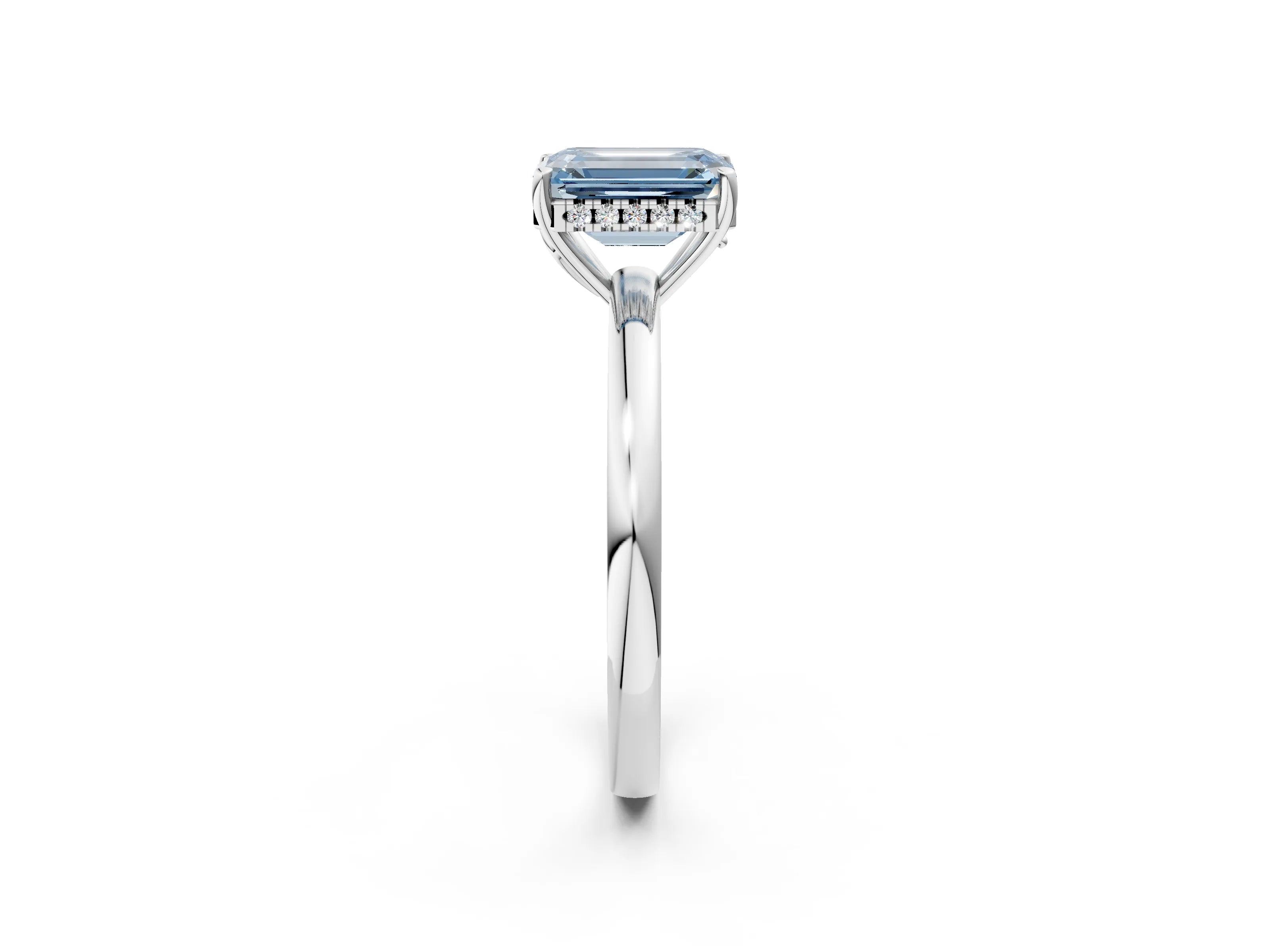 White gold Fancy Blue Emerald Cut Solitaire Diamond Ring with Prong Setting and Plain Band_2