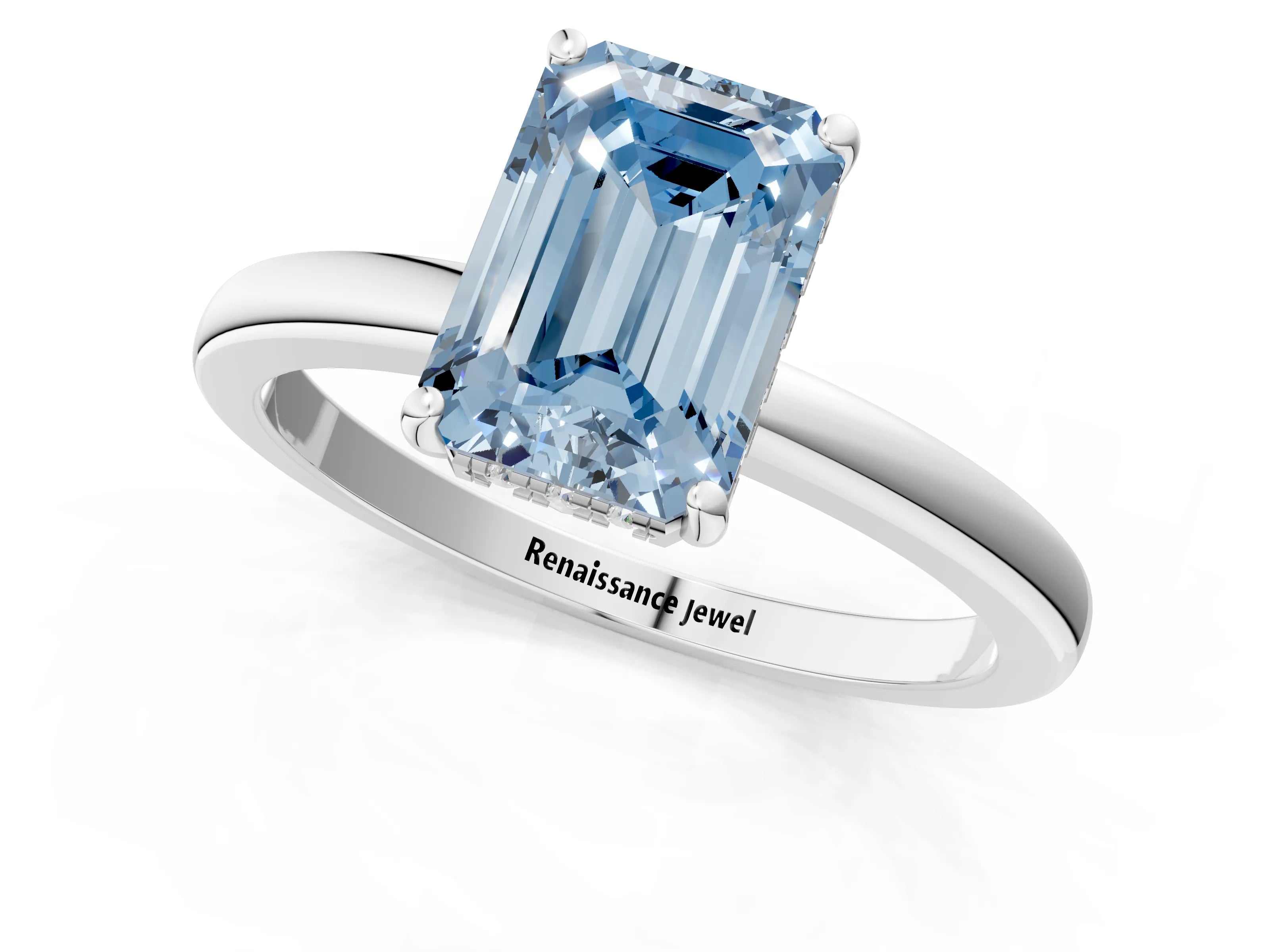 White gold Fancy Blue Emerald Cut Solitaire Diamond Ring with Prong Setting and Plain Band_2