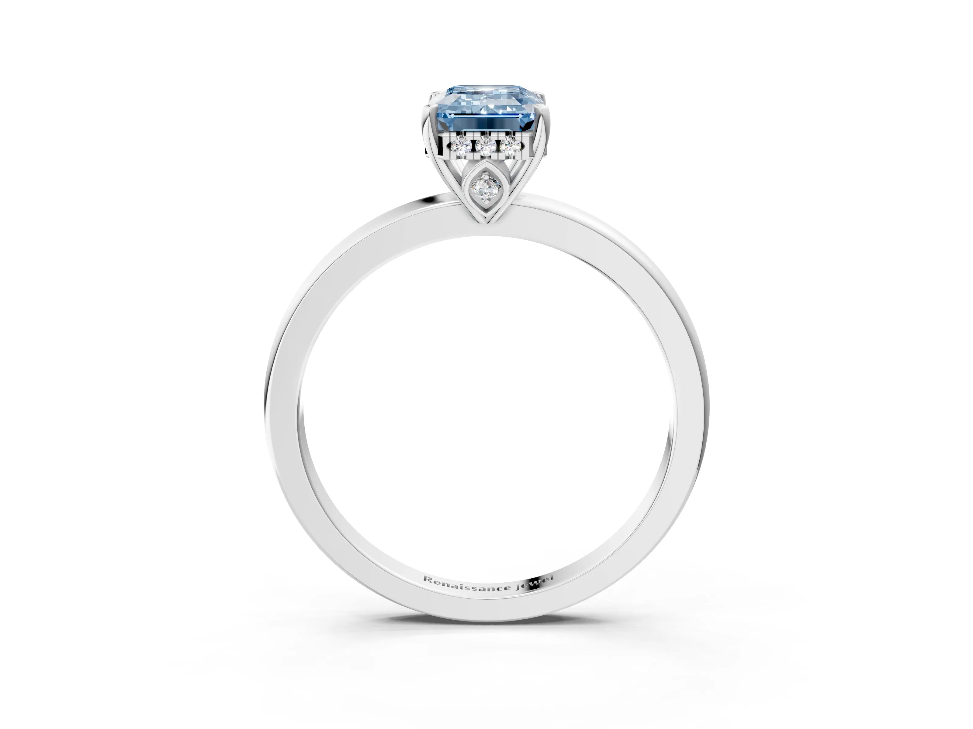 White gold Fancy Blue Emerald Cut Solitaire Diamond Ring with Prong Setting and Plain Band_3