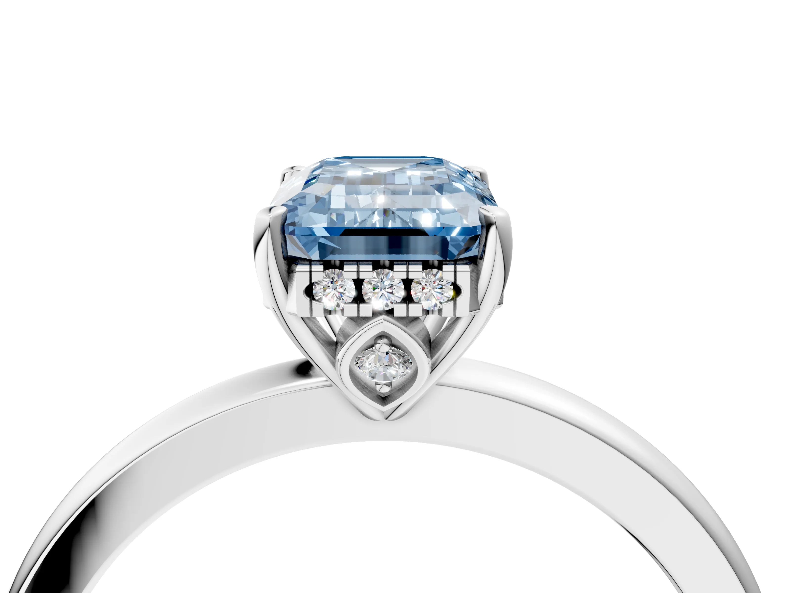 White gold Fancy Blue Emerald Cut Solitaire Diamond Ring with Prong Setting and Plain Band_4