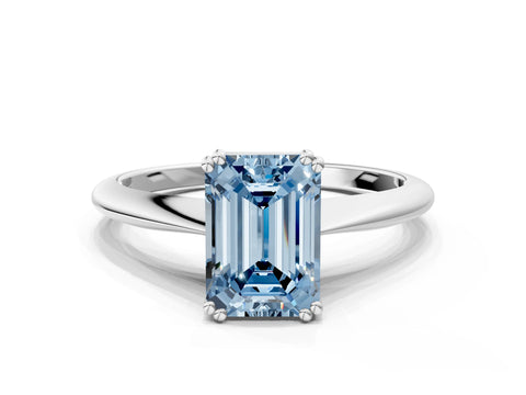 White gold Fancy Blue Emerald Cut Solitaire Diamond Ring with Six-Prong Setting and Classic Band