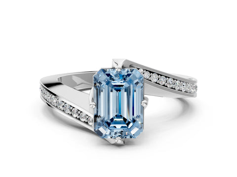White gold Fancy Blue Emerald Cut Solitaire Diamond Twist Band with Pavé Setting and Four-Prong Setting_12