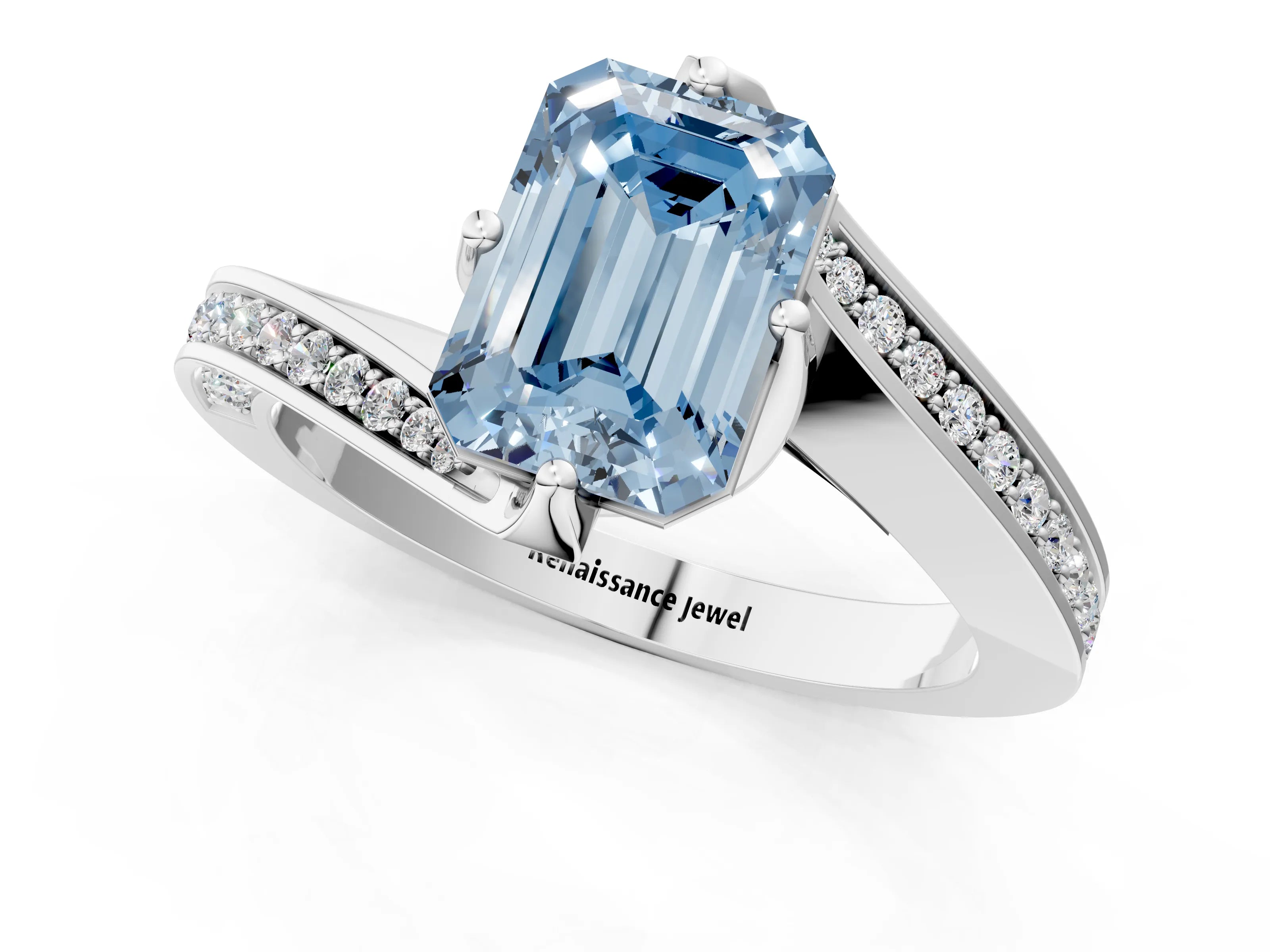 White gold Fancy Blue Emerald Cut Solitaire Diamond Twist Band with Pavé Setting and Four-Prong Setting_13