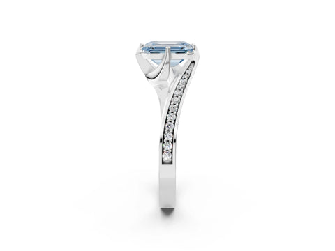 White gold Fancy Blue Emerald Cut Solitaire Diamond Twist Band with Pavé Setting and Four-Prong Setting_14