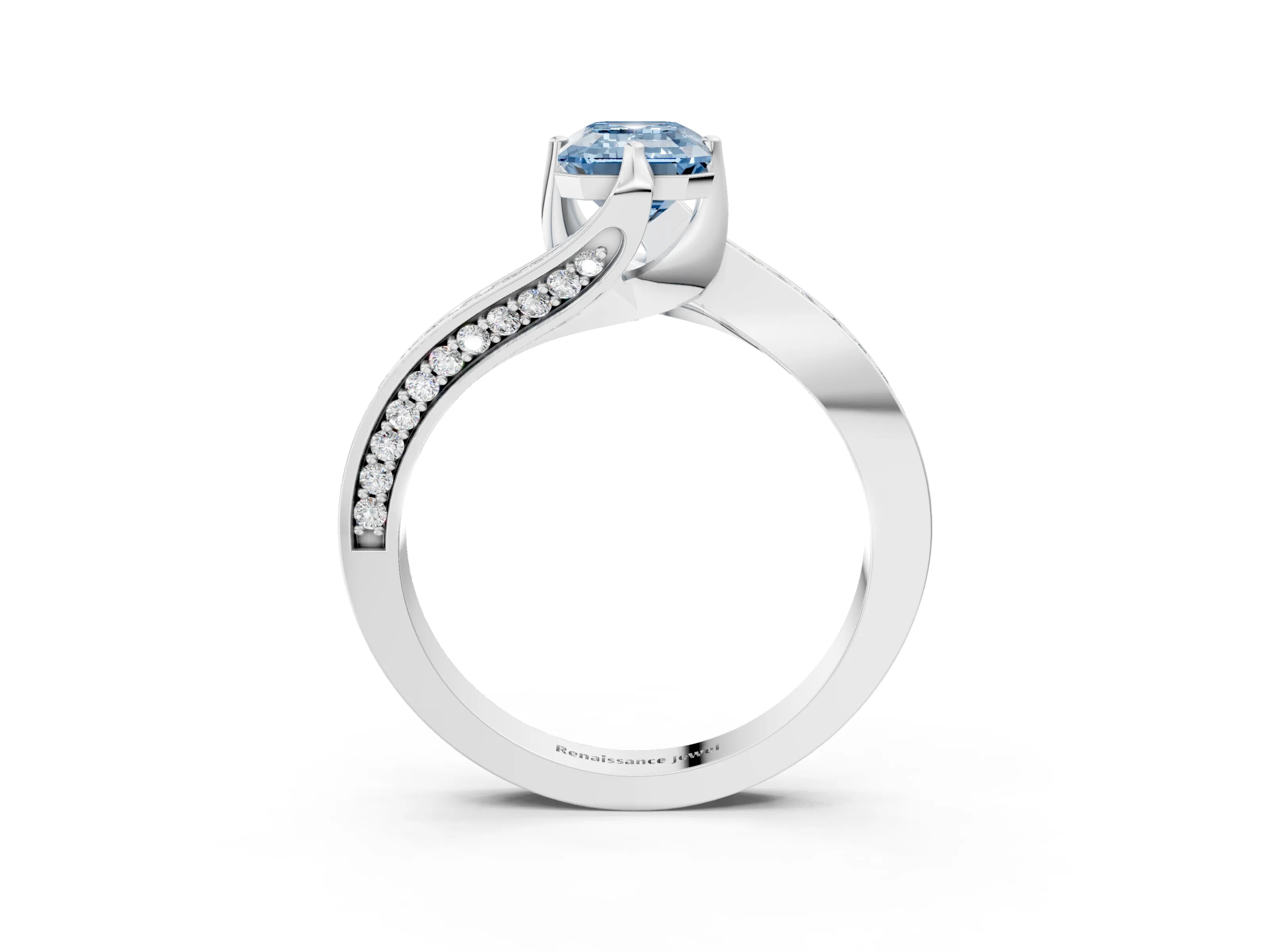 White gold Fancy Blue Emerald Cut Solitaire Diamond Twist Band with Pavé Setting and Four-Prong Setting_15