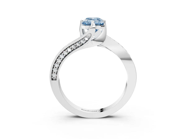 Platinum Emerald Cut Swirl Bypass Pave Engagement Ring Setting for Fancy Blue Center