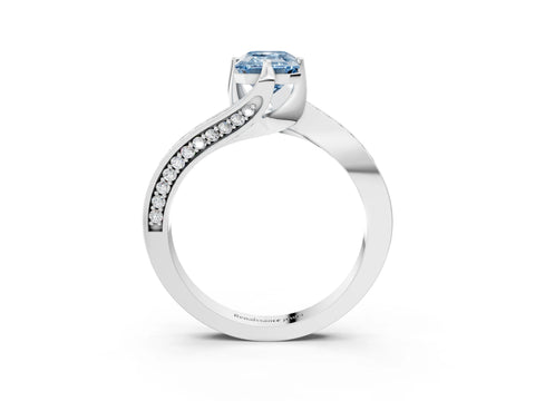 White gold Fancy Blue Emerald Cut Solitaire Diamond Twist Band with Pavé Setting and Four-Prong Setting_15