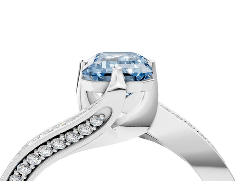 White gold Fancy Blue Emerald Cut Solitaire Diamond Twist Band with Pavé Setting and Four-Prong Setting_16