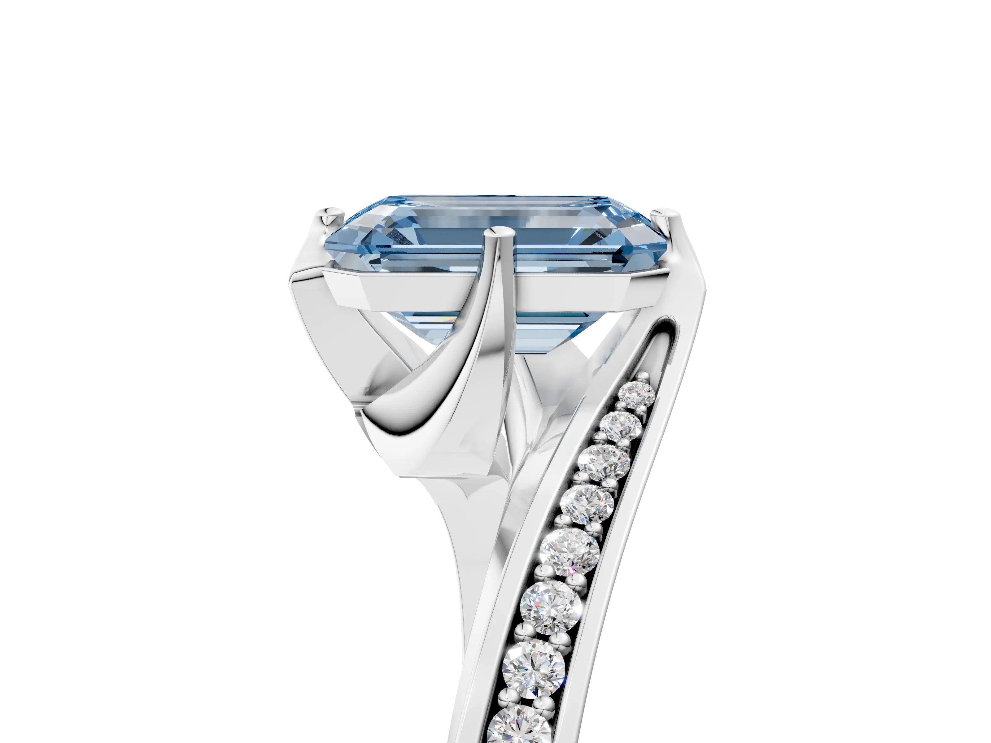White gold Fancy Blue Emerald Cut Solitaire Diamond Twist Band with Pavé Setting and Four-Prong Setting_17