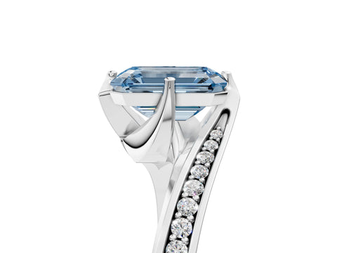 White gold Fancy Blue Emerald Cut Solitaire Diamond Twist Band with Pavé Setting and Four-Prong Setting_17